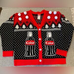 Coca-Cola Polar Bear Pom Pom Ugly Christmas Sweater Cardigan Black Red Medium